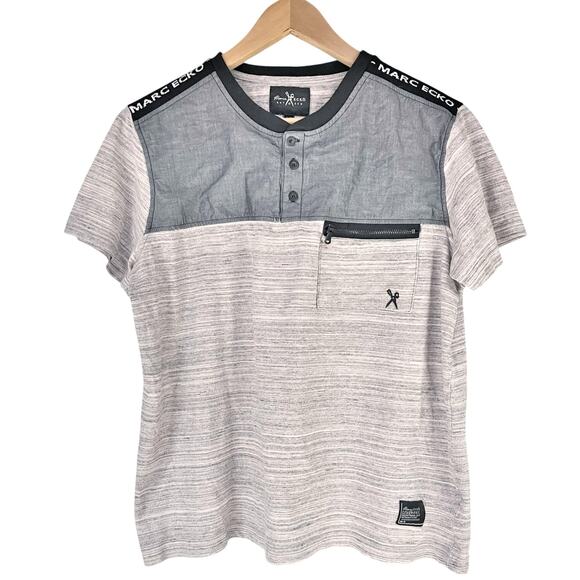 MARC ECKO Cut & Sew Short-Sleeve Henley Zipper Pocket Shirt Gray Cream Black L - Picture 1 of 9